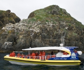 One of the Bruny Island Cruises boats amongst rocks known as The Friars