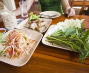 Typical lunch fare for us whilst on Phuket: spicy papaya salad, BBQ chicken, sticky rice and fresh greens