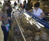 Lisa purchasing some of the awesome fresh bread on offer at the Boat Shed Markets