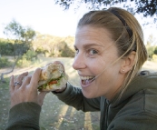 Lisa about to tuck-in to a fish burger in Esperance