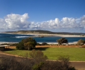 Panoramic of the town of Kalbarri with the Murchison River winding its way into the ocean