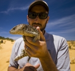 Sam and a lucky Shingleback Lizard in The Pinnacles Desert in Nambung National Park