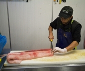 Slicing up a shark fillet for fish and chip shops