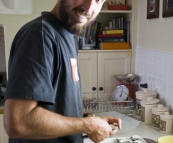 Sam shucking oysters on the Brown\'s farm