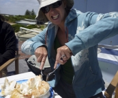 Lisa with a mountain of fresh crayfish