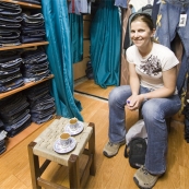 Lisa sampling her first Turkish coffee in a jeans stall in the Grand Bazaar