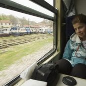 Lisa on the train from Istanbul to Thessaloniki