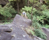 Sam climbing the rocks for a photo of Stevenson Falls