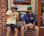 Chris and Sam enjoying a couple of pasties from the bakery in Apollo Bay