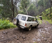 The Tank and Bessie tackling some steep, wet terrain along the King Billy Track