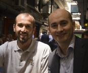 Sam and Greg having a coffee in Degraves Street