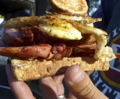 The best bacon and egg sandwich ever at Strachans campground