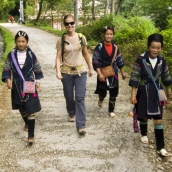 Lisa with Mi (our guide) and a couple of other H'Mong girls on the way to Cat Cat Village