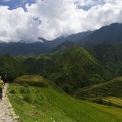 Lisa walking with our H'Mong guides down the trail to Cat Cat Village