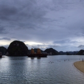One of the few islands with a sandy beach in Halong Bay