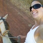 Lisa's self-portrait riding Oro back to the barn