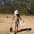 Lisa returning from her favorite spot at our campsite next to the Gibb River