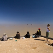 Lisa at the end of the Derby wharf with some local Aboriginal women fishing for dinner