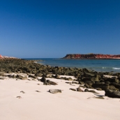 The white sandy beach at Cape Leveque with Leveque Island on the right