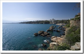 View of Hidirlik Kulesi and Antalya Bay from the cliffs near our hotel