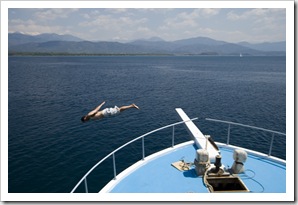 Sam diving off the boat for a dip in the Mediterranean