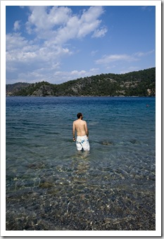 Sam contemplating a swim at Holiday Bay