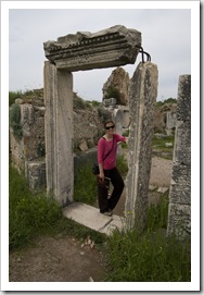 Lisa in a gate leading to the baptismal baths in the Church of Mary