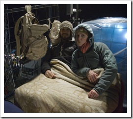 Sam and Lisa rugged up in the grandstands at Anzac Cove