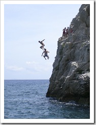 Lisa caught a good shot of Sam and ET posing ninja-style off the cliffs at Kamari Beach