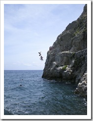 Lisa caught a good shot of Sam and ET posing ninja-style off the cliffs at Kamari Beach