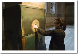 Sally harnessing the healing power of the Weeping Column inside Aya Sofya