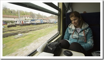 Lisa on the train from Istanbul to Thessaloniki