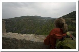 Lisa in Moni Agios Triados looking out toward the other monasteries