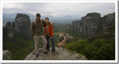 Sam and Lisa with Moni Agias Varvaras Rousanou and Moni Agiou Nikolaou Anapafsa in the distance