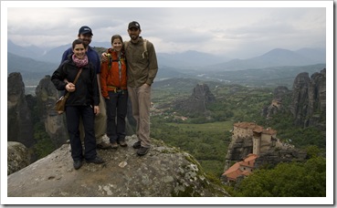 ET, Sally, Sam and Lisa with Moni Agias Varvaras Rousanou and Moni Agiou Nikolaou Anapafsa in the distance