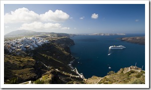 Fira and the southern end of Santorini as well as the eastern edge of Nea Kameni (the middle of the volcano)