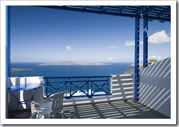 View of Thirasia and Nea Kameni from our deck at Gaby's Apartments