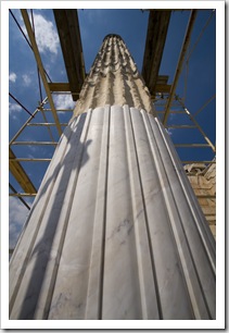 Old and new marble in a pillar in Hadrian's Library