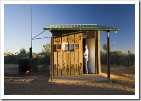 Lisa about to take a hot shower at Farina Campgrounds