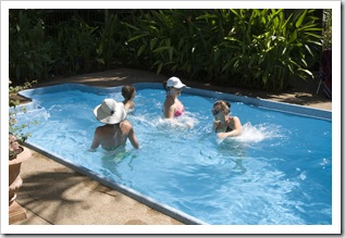 Lisa teaching an water aerobics class in the Hudson's pool