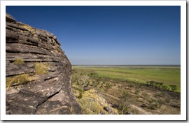 The edge of the sandstone escarpment and wetlands below at the Ubirr Aboriginal art site