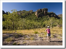 Lisa in front of the Arnhem Land escarpment at Burrunggui