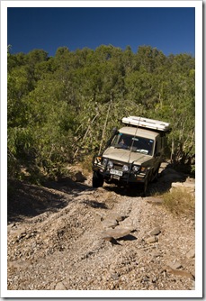 Lisa and The Tank tackling the East Baines River crossing along the Bullita Stock Route