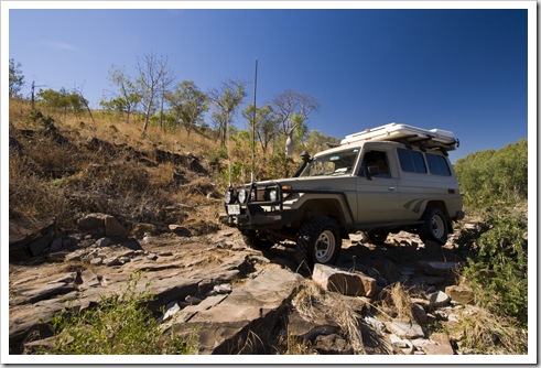 Lisa and The Tank tackling the East Baines River crossing along the Bullita Stock Route