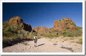 Hiking along the dry creek bed into Mini Palms Gorge