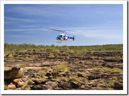 The helicopter coming in to pick us up from the top of Mitchell Falls