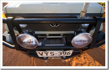 LightForce 170 Striker driving lights, a Warn 10000 pound electric winch and the spring at the base of the HF radio antenna