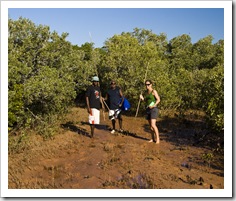 Lisa with two of the Aboriginal fellows from Gambanan on the way through the mangroves