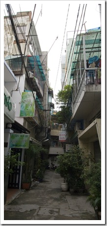 The tight lane leading to our hotel: Quan San (the sign is just visible down the end of the lane)