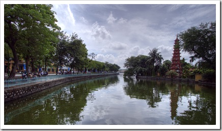 Tran Quoc Pagoda and the causeway south across Ho Tay Lake into central Hanoi